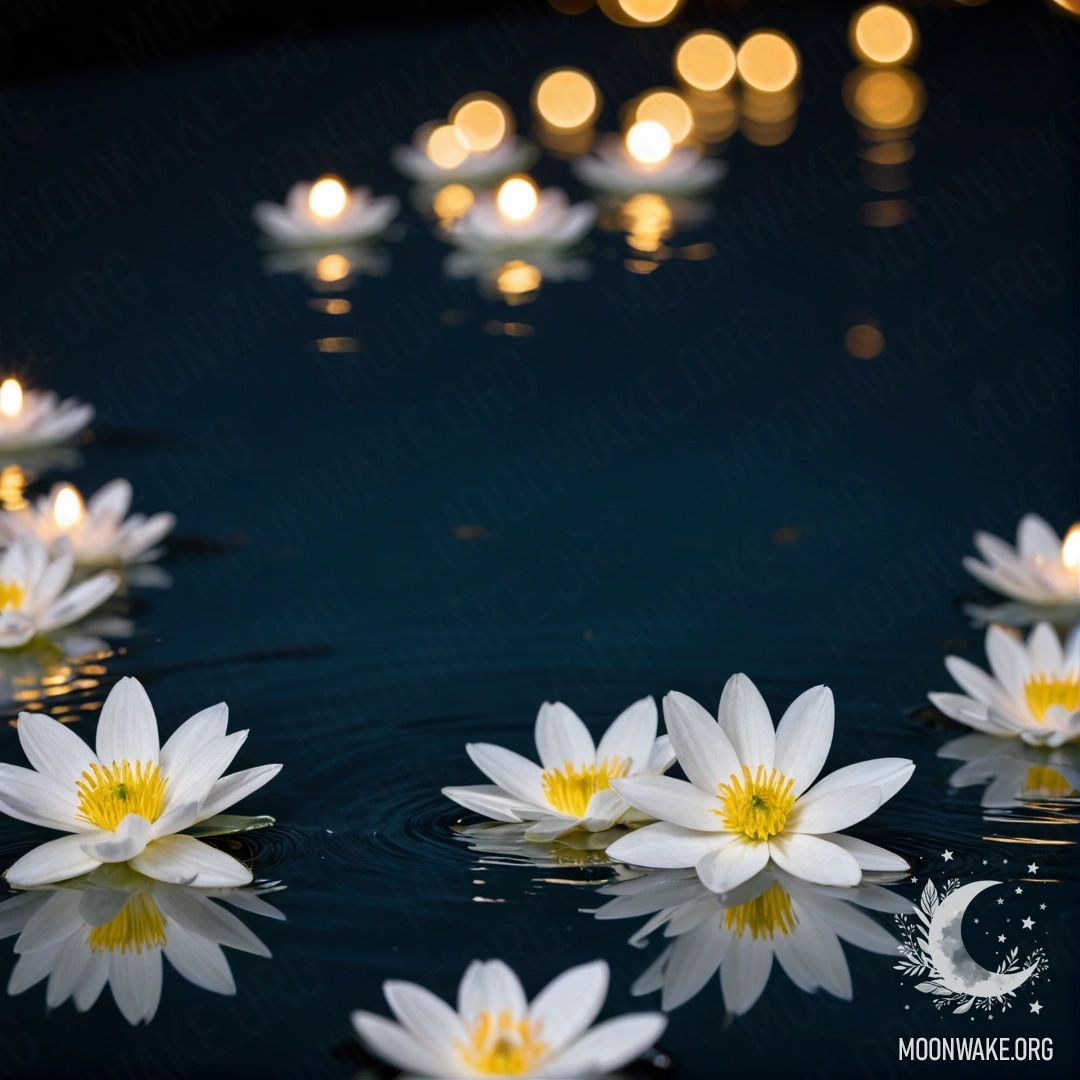 Спокойное изображение нежных белых цветов, плавающих на поверхности воды, освещенных мягким светом гирлянды.
