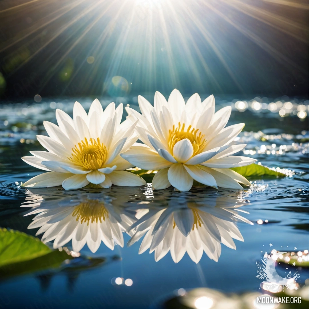 Поверхность воды, украшенная нежными белыми цветами под солнечными лучами.