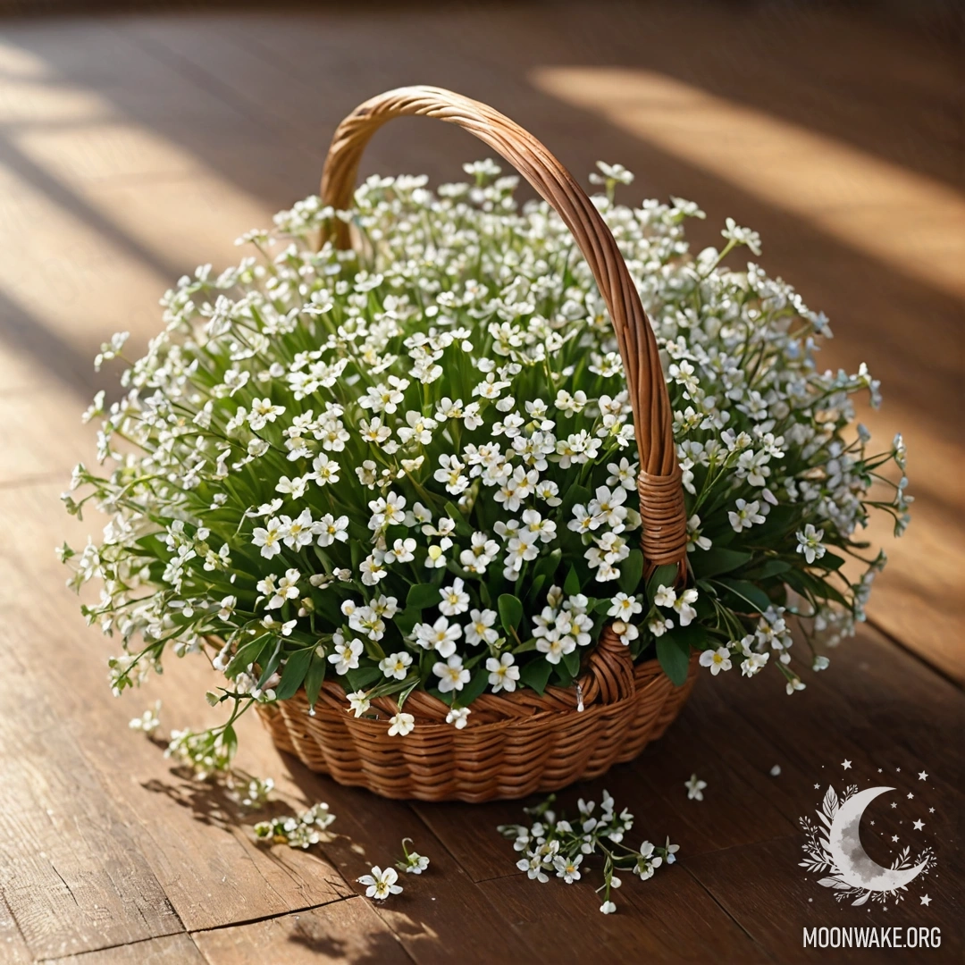 Корзина, наполненная маленькими белыми цветами, освещенная солнечными лучами на деревянном столе.