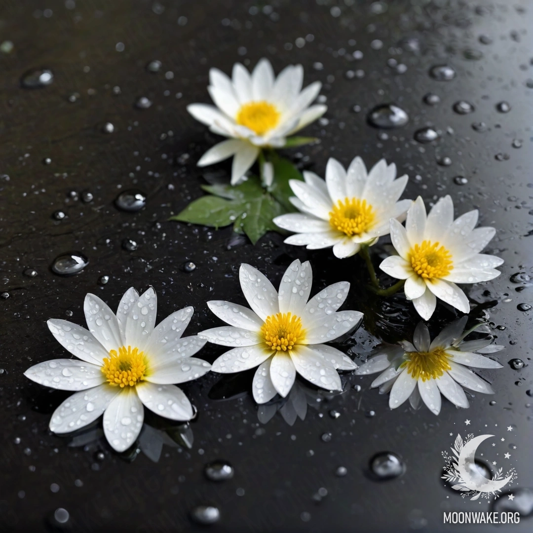 Крупный план нежных белых цветов, плавающих на поверхности воды под дождем.