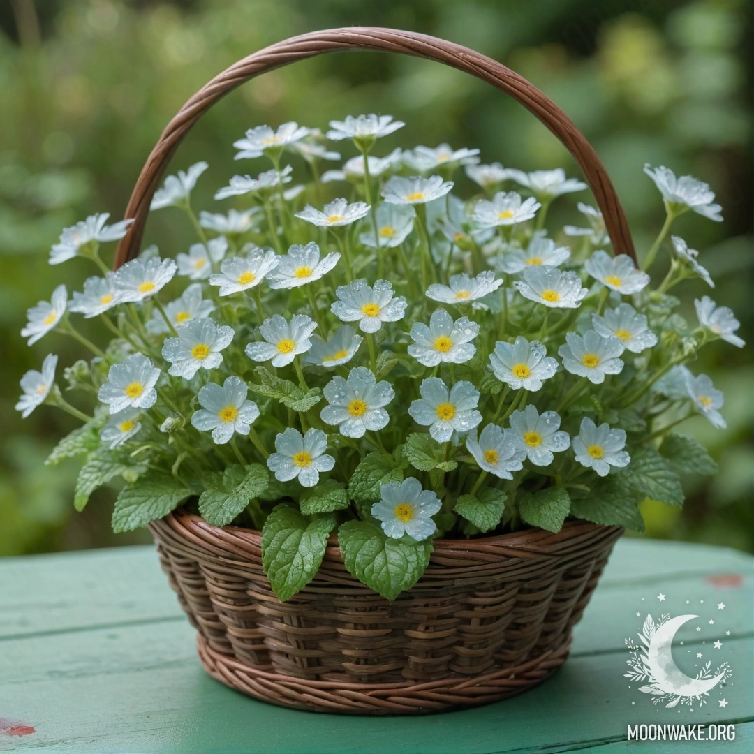 Корзинка, наполненная нежными полевыми цветами с капельками росы.