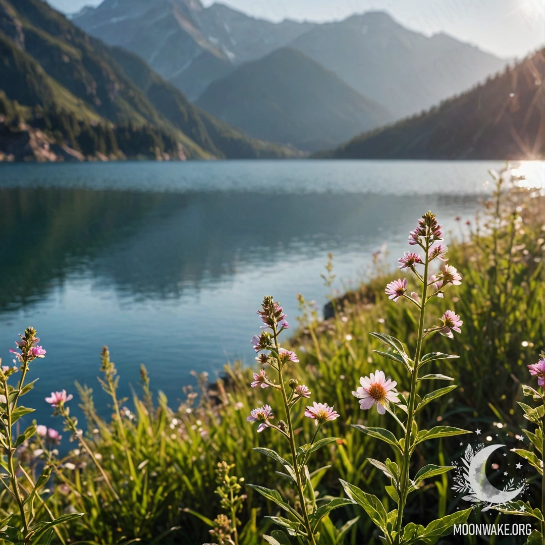 Крупный план ярких полевых цветов на фоне размытого горного озера.