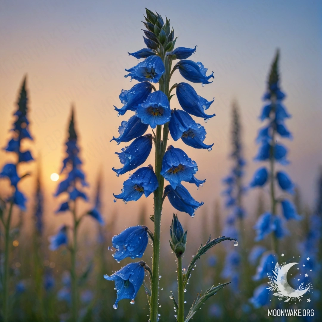 Акварельная картина дельфиниума, украшенного каплями росы на закате, излучающая небесно-голубой оттенок.