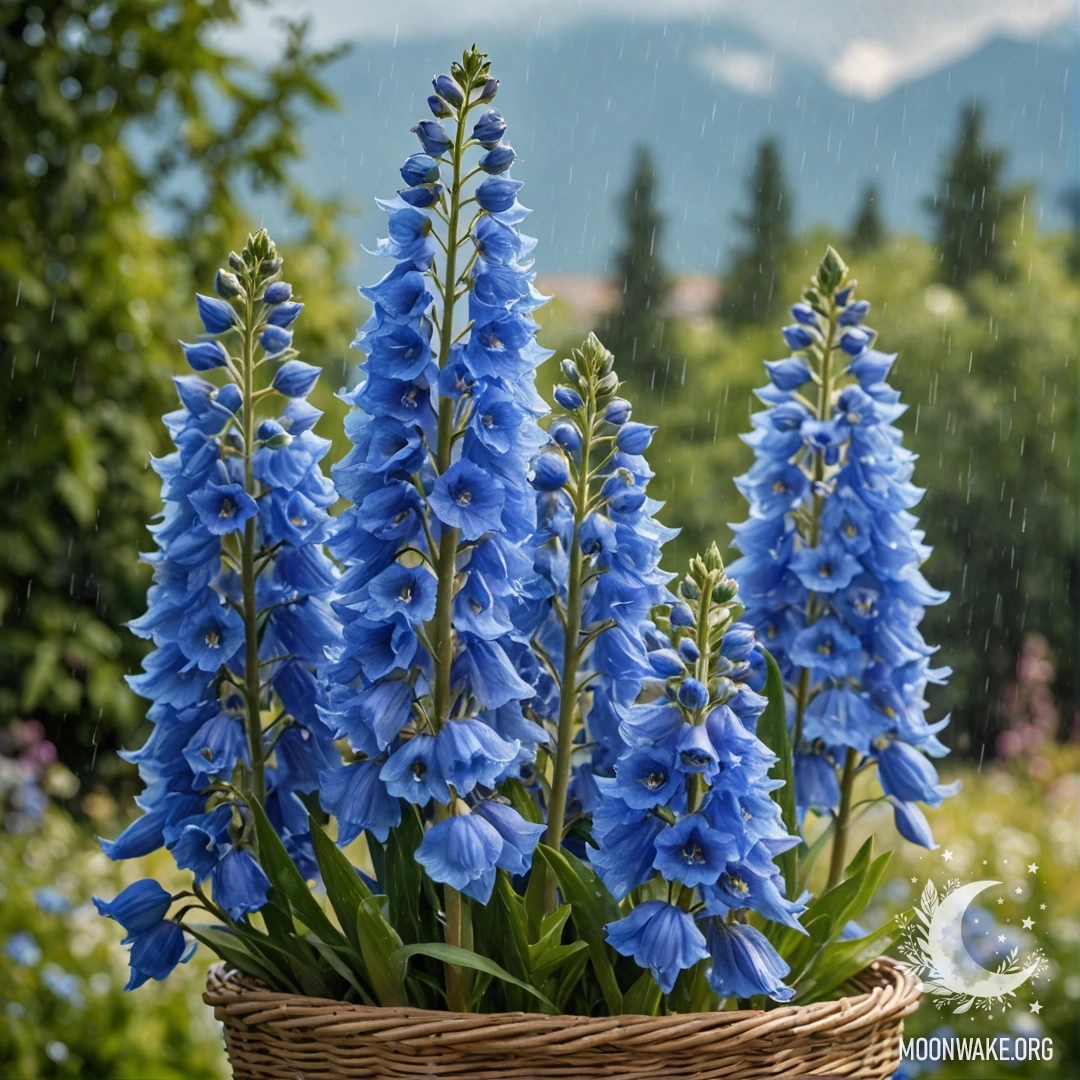 Корзина с красивыми делфиниумами небесного цвета под дождем и солнечными лучами.