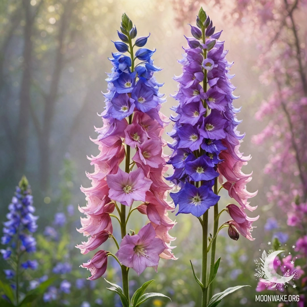 Букет розовых делфиниумов, окружённых туманом и солнечными лучами.