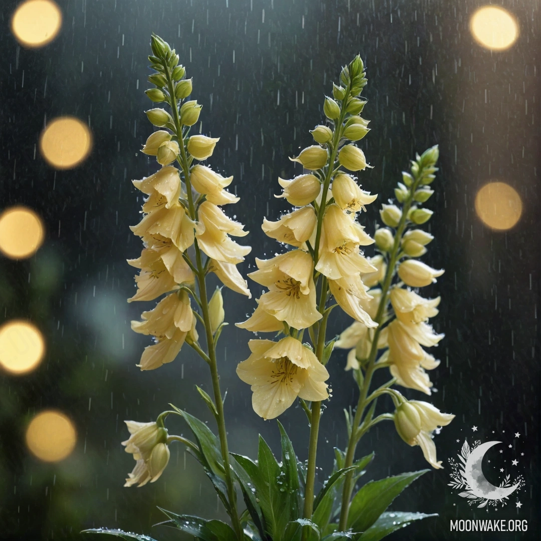 Букет светло-желтых дельфиниумов, промокший под дождем ночью.