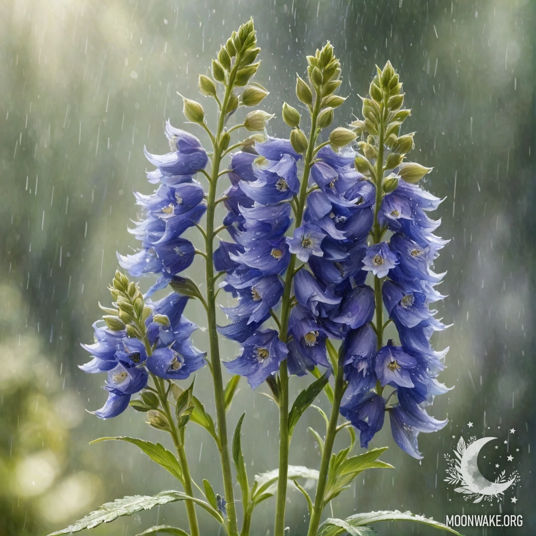 Букет дельфиниумов оливкового цвета под дождем с солнечными лучами, проникающими сквозь капли дождя.