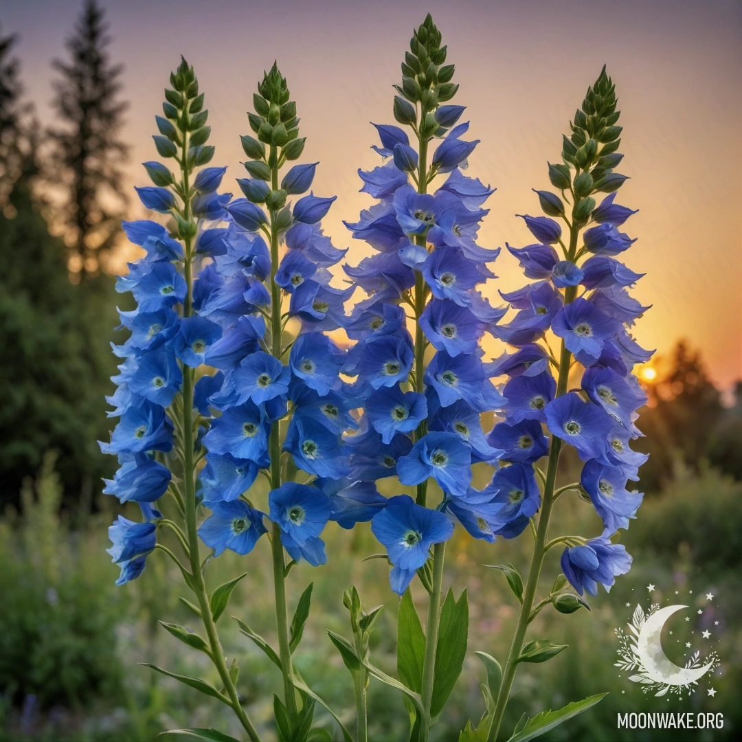 Букет зелёных дельфиниумов, залитых тёплым светом заката.