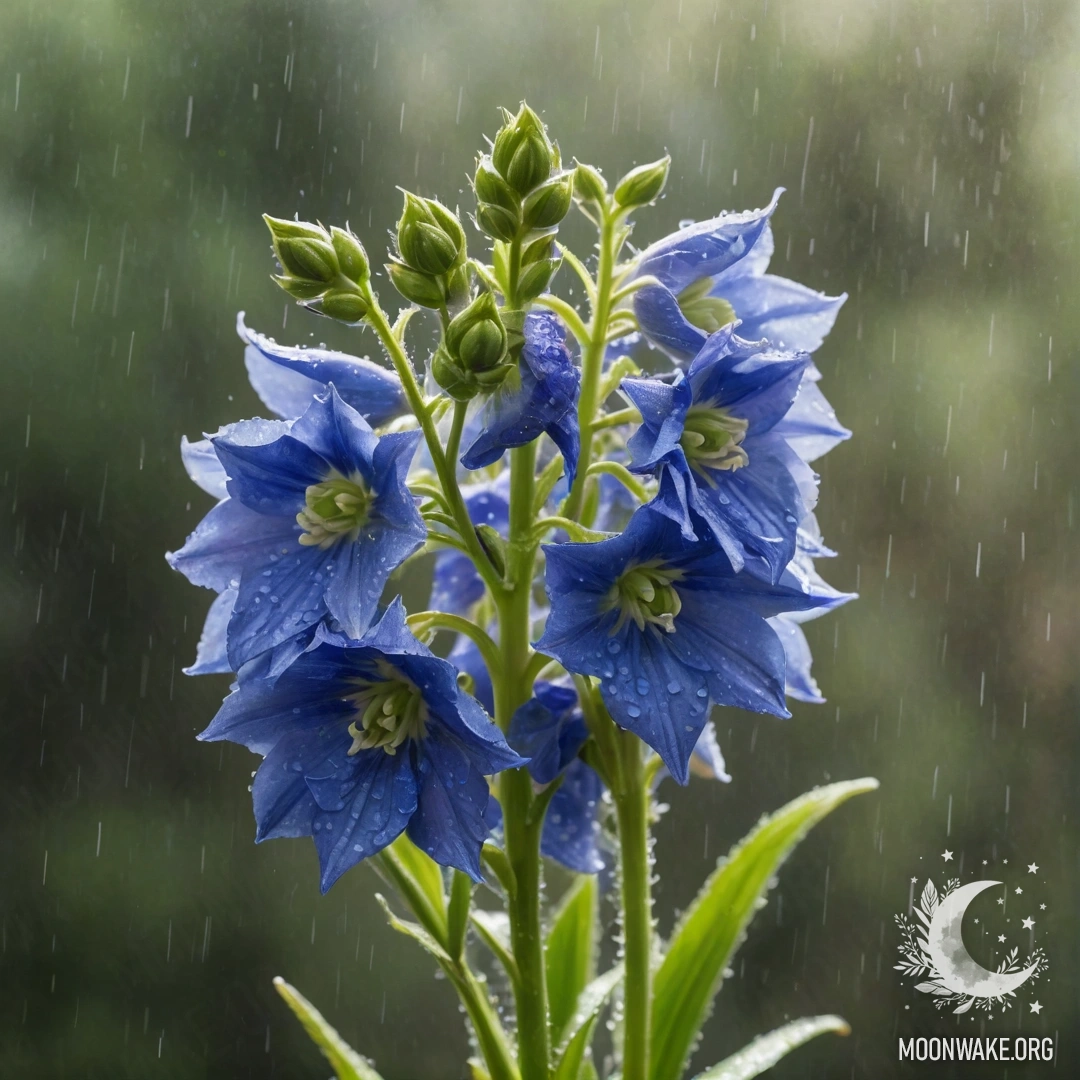 Букет ярких делфиниумов зеленого цвета под легким дождем и солнечными лучами