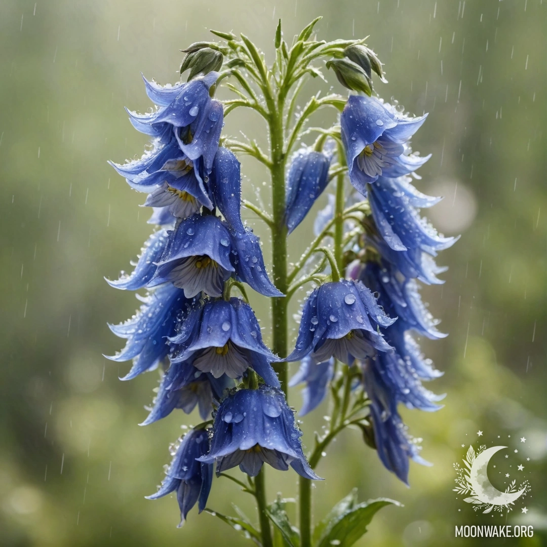 Спокойные цветы дельфиниума в тумане, дождь и солнечные лучи.