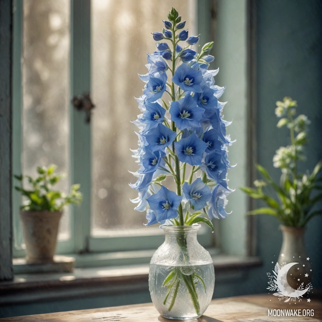 Нежный дельфиниум в вазе мятного цвета, украшенный морозцем на фоне солнечных лучей.