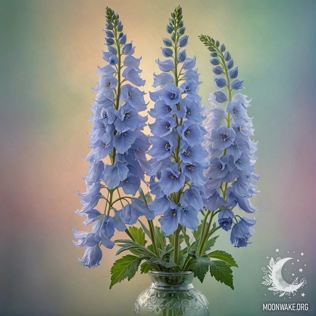 Нежная пастельная картина, изображающая дельфиниум в мятной вазе, окруженный туманом на закате.