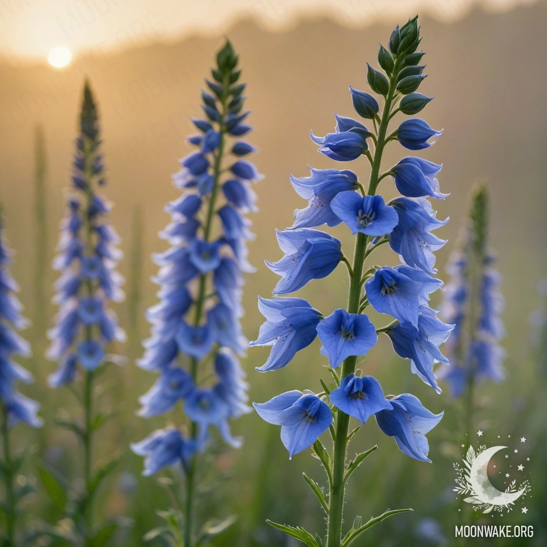 Спокойная сцена с дельфиниумами в мягком тумане на закате.