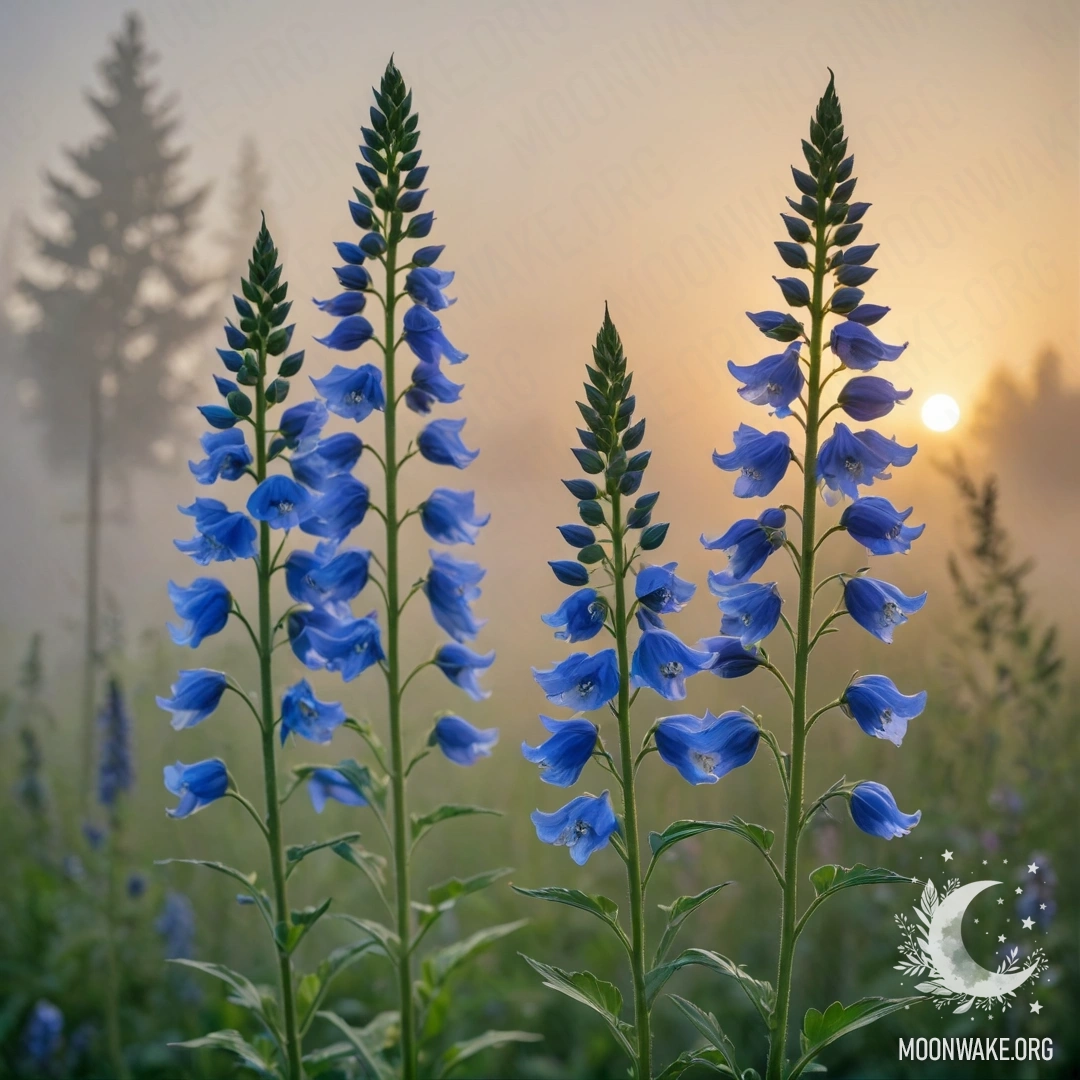 Цифровая картина с дельфиниумами зеленого цвета, окруженными туманом на закате.