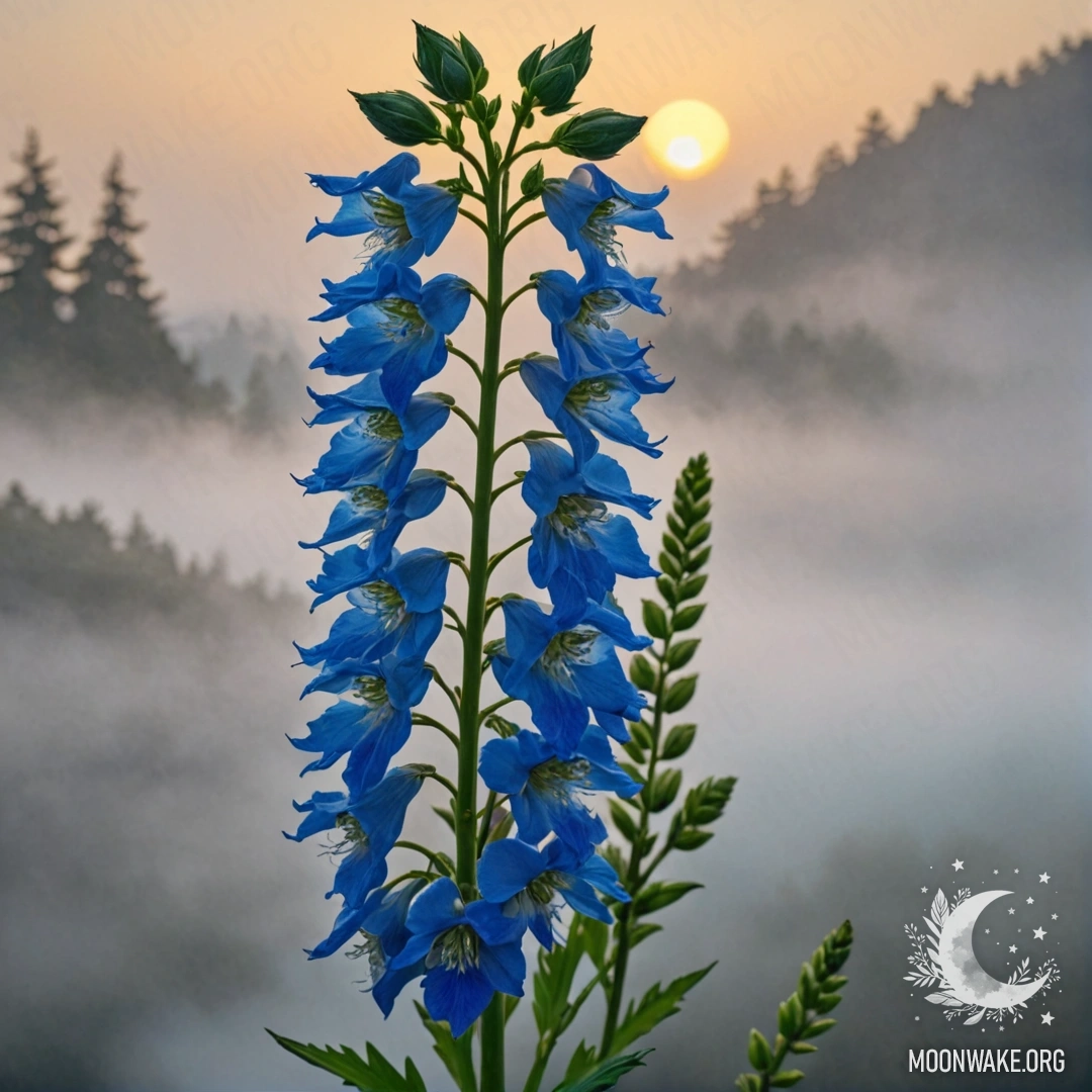 Спокойные цветы дельфиния, окруженные туманом на закате.