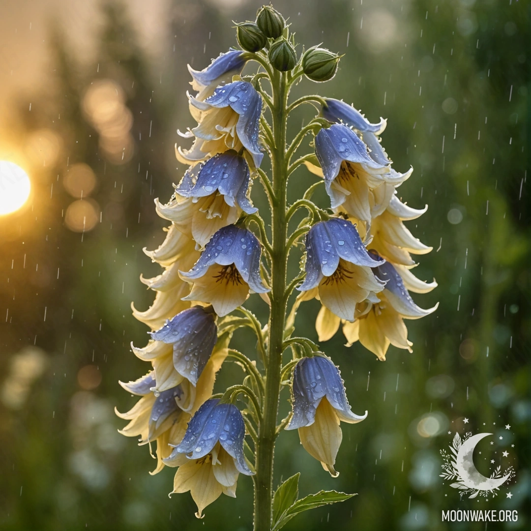Нежный дельфиниум кремового цвета, сверкающий под дождем на фоне заката.