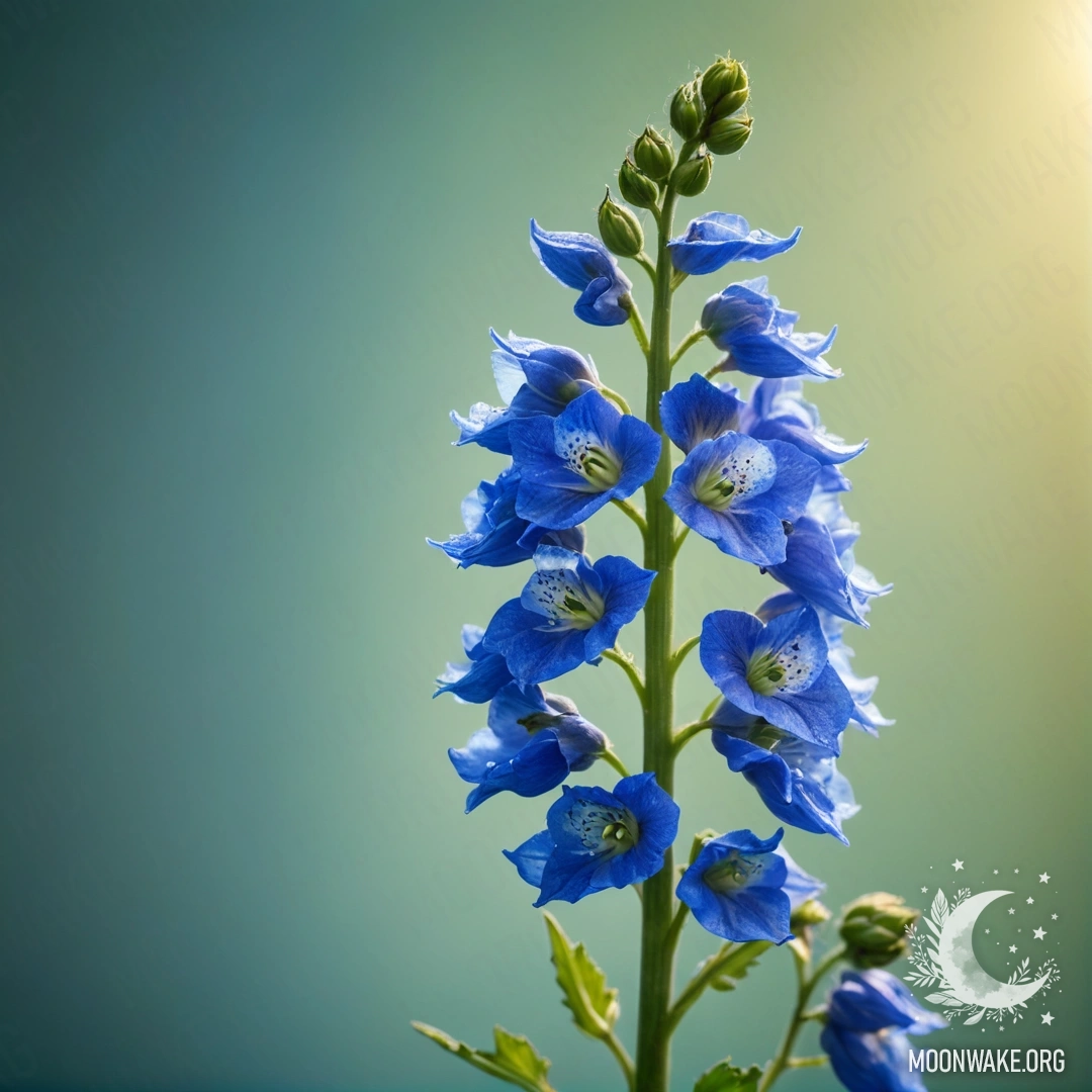 Нежный дельфиниум зеленовато-голубого цвета, освещенный солнечными лучами и рассыпанными блестками.