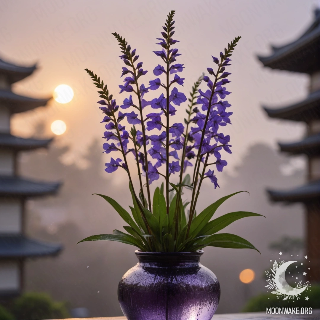 Розовый дельфиниум цветет под дождем на закате, украшенный стразами.