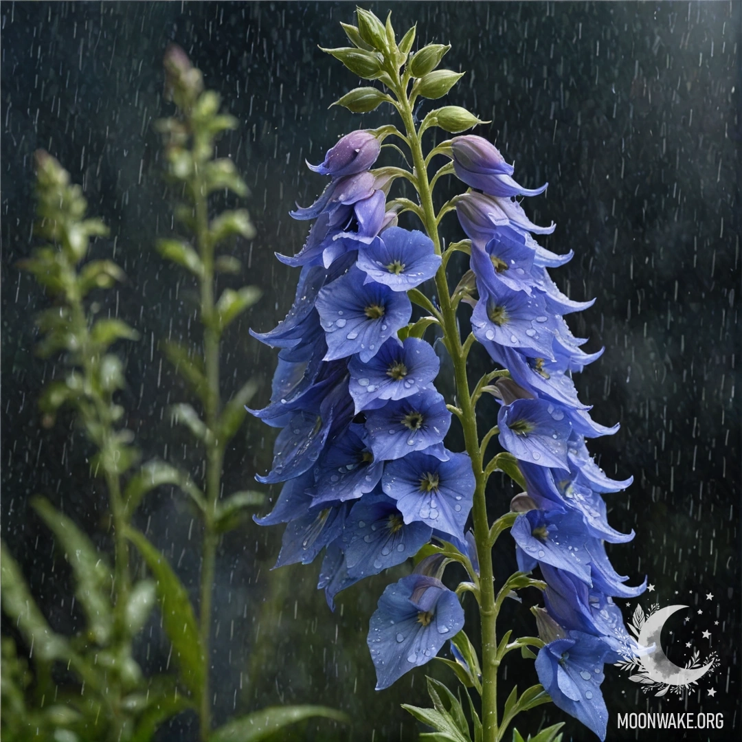 Акварельная картина с цветами дельфиниума под дождём ночью.