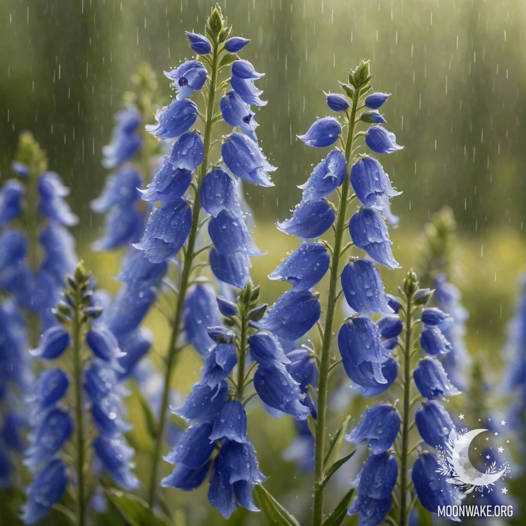 Красивый цветок дельфиниума под дождем, освещенный солнечными лучами.