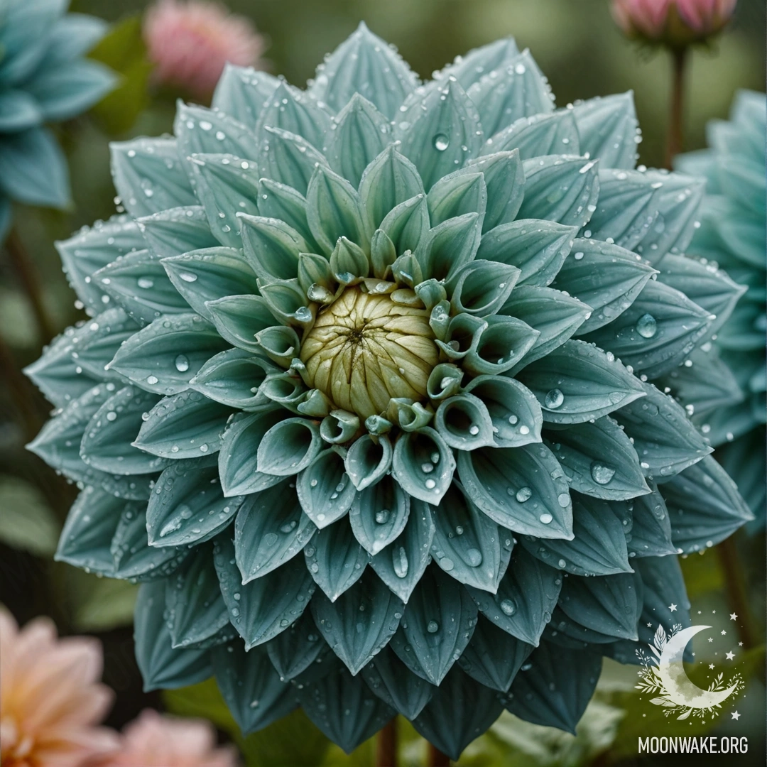 Букет зеленовато-голубых георгинов, украшенных каплями росы.