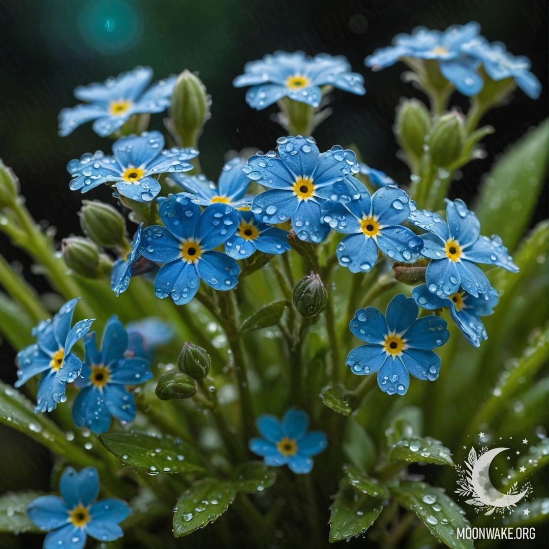 Букет нежных незабудок с каплями росы, озаренный лунным светом.