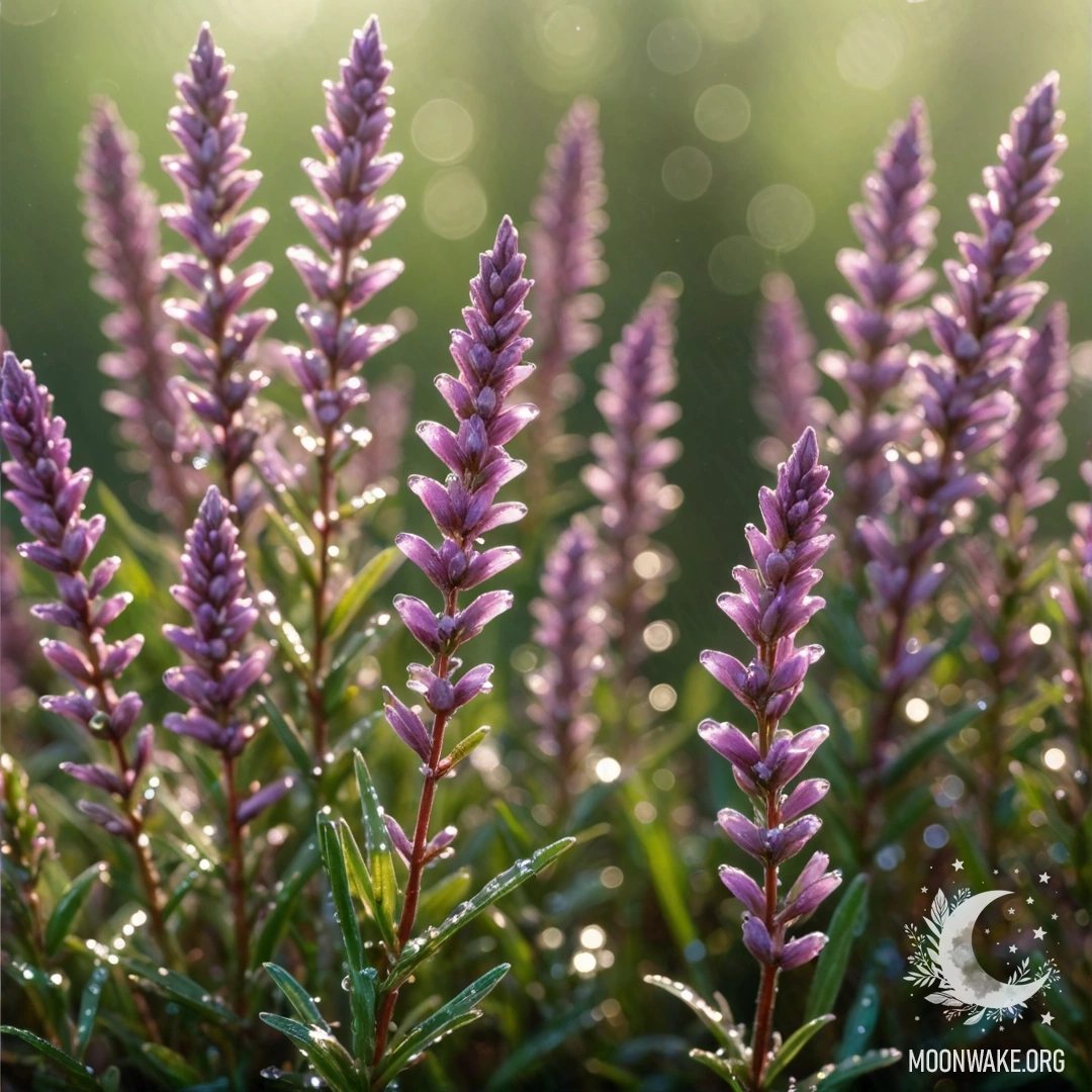 Крупный план зеленого вереска, украшенного каплями росы и блестящими солнечными лучами.