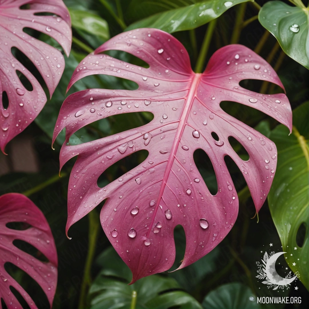 Розовый фон, украшенный красивыми листьями монстеры, сверкающими от капель росы.