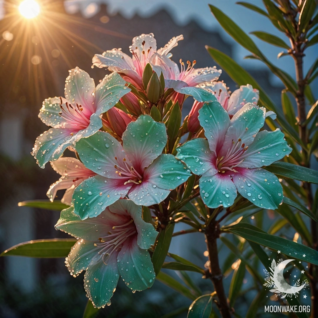 Красивый олеандр, украшенный каплями росы на закате, с мятными блестками в стиле китайского искусства.