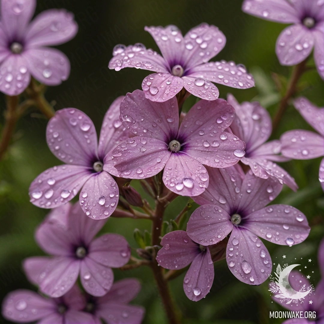 Близкий план розовых флоксов, украшенных росинками и стразами.