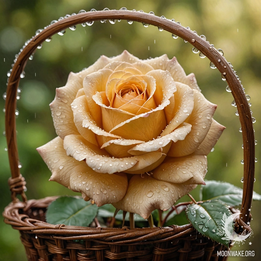 Спокойная роза, украшенная каплями росы, уютно расположилась в золотой корзине.