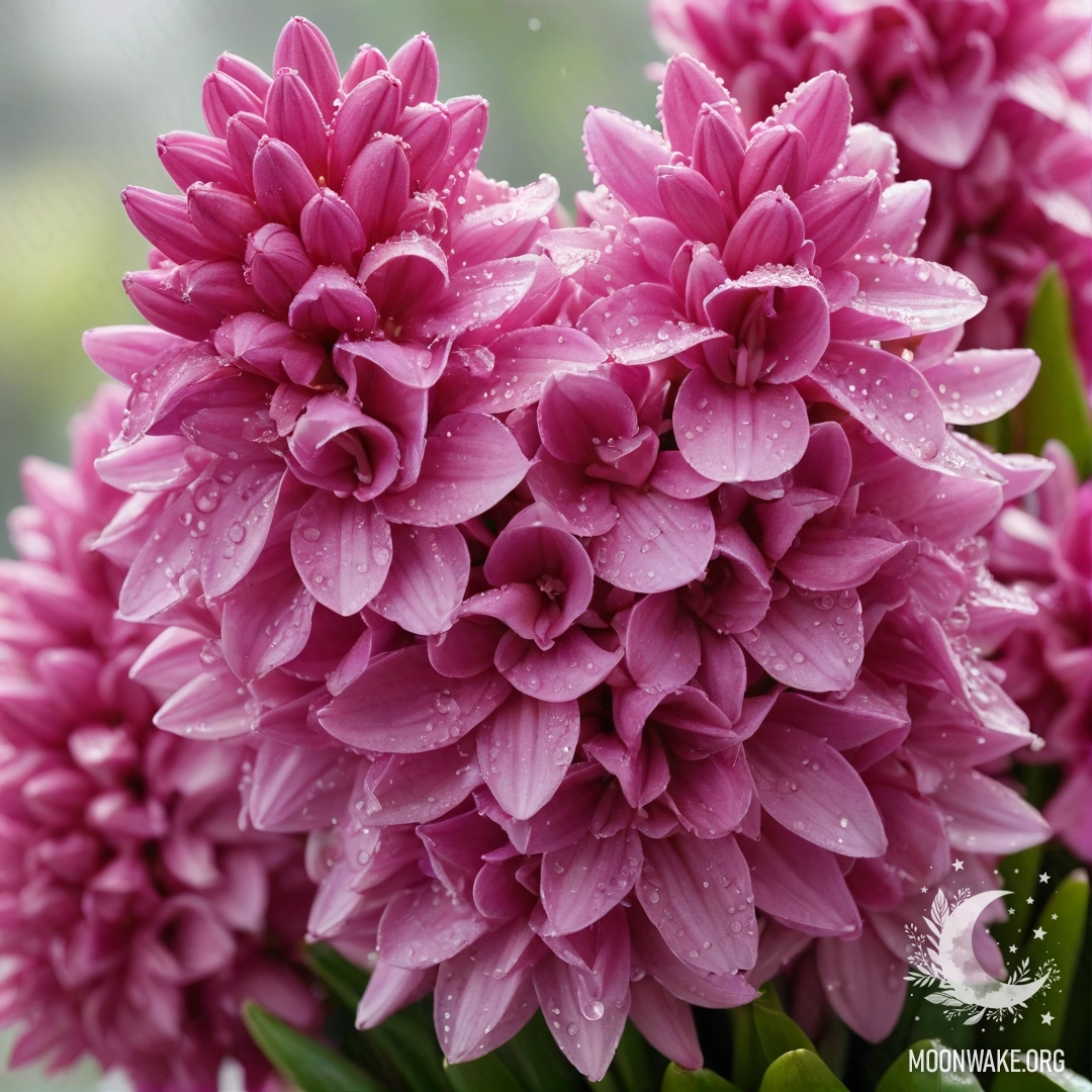 Букет фуксиевых гиацинтов, украшенный каплями росы.