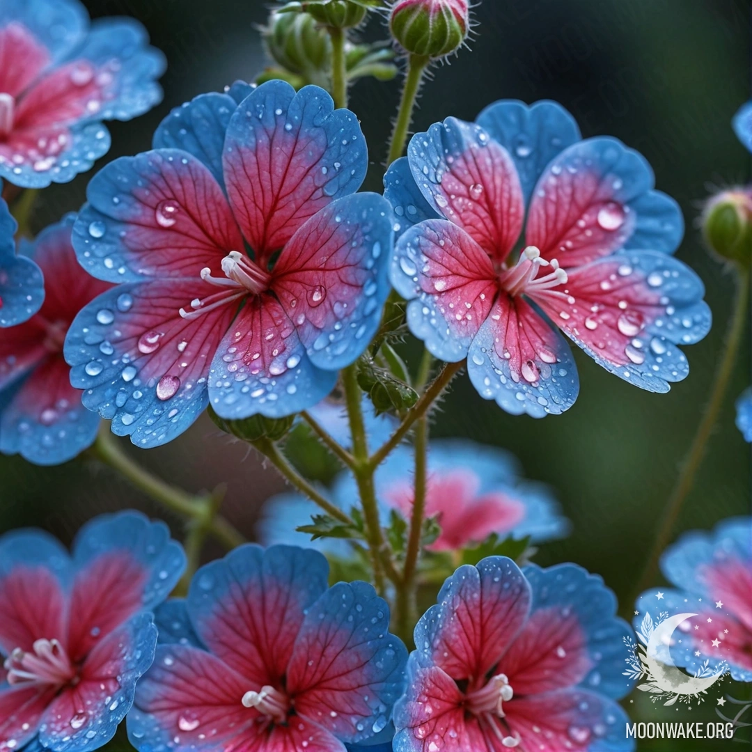 Крупный план прекрасной герани, украшенной каплями росы, на фоне ночного неба.