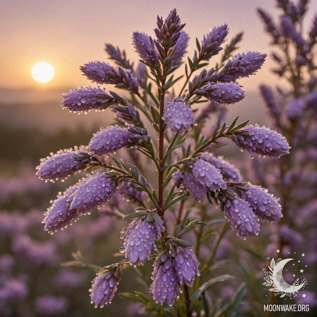 Пастельный букет вереска, украшенный каплями росы на закате.