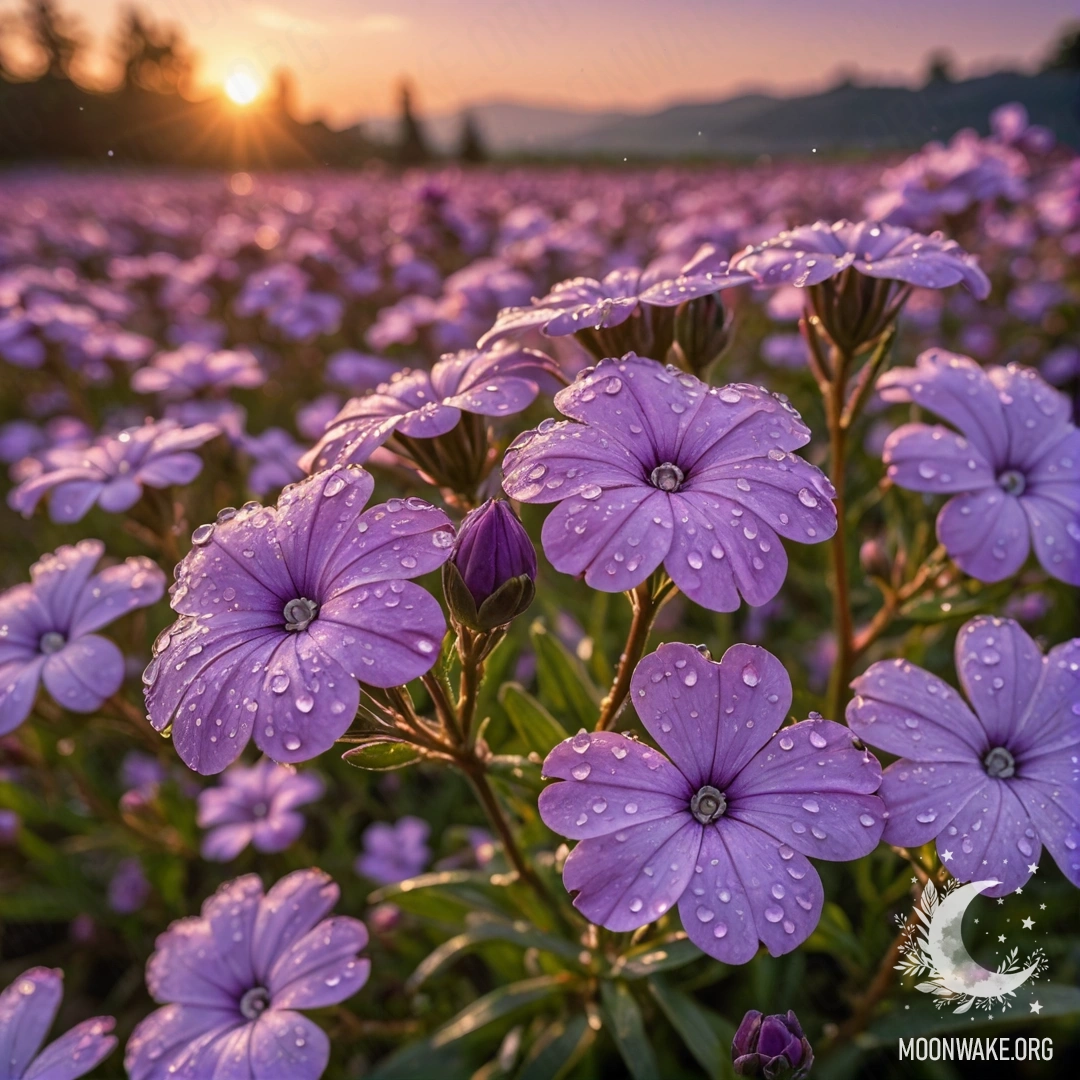 Крупный план нежного цветка флокса лавандового цвета с каплями росы на фоне заката.