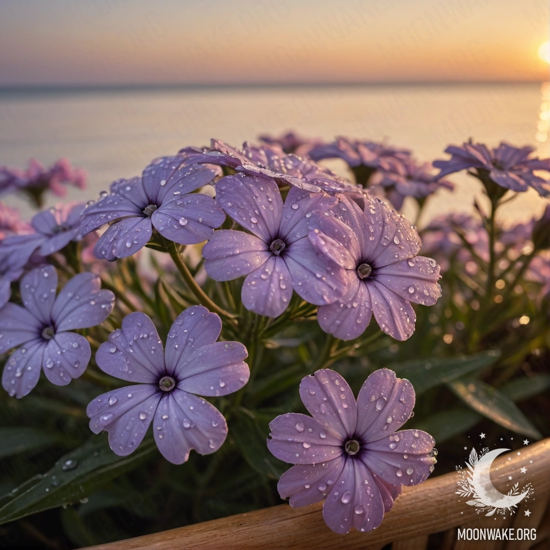 Корзина из ротанга, наполненная цветами флокса, украшенными каплями росы на фоне закатного неба.