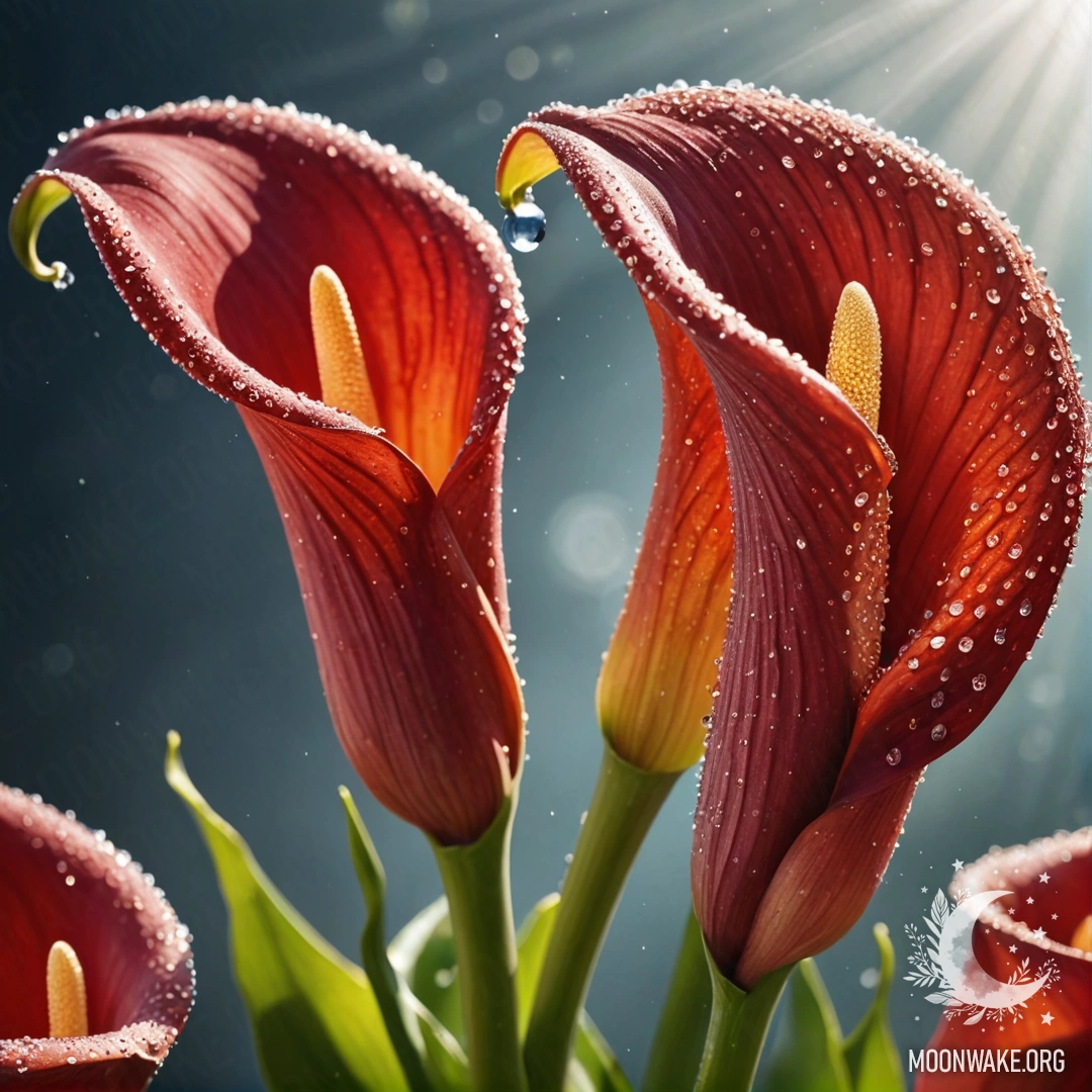 Крупный план ярких красных лилий, украшенных росинками, сверкающих на солнце, с рассыпью стразов.