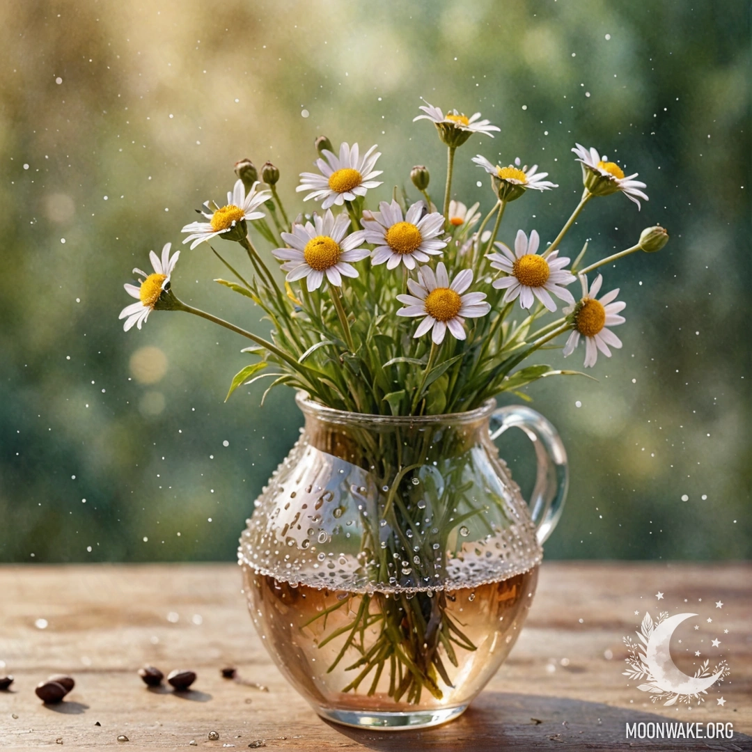 Ваза, наполненная спокойными дикими цветами, украшенными росинками.