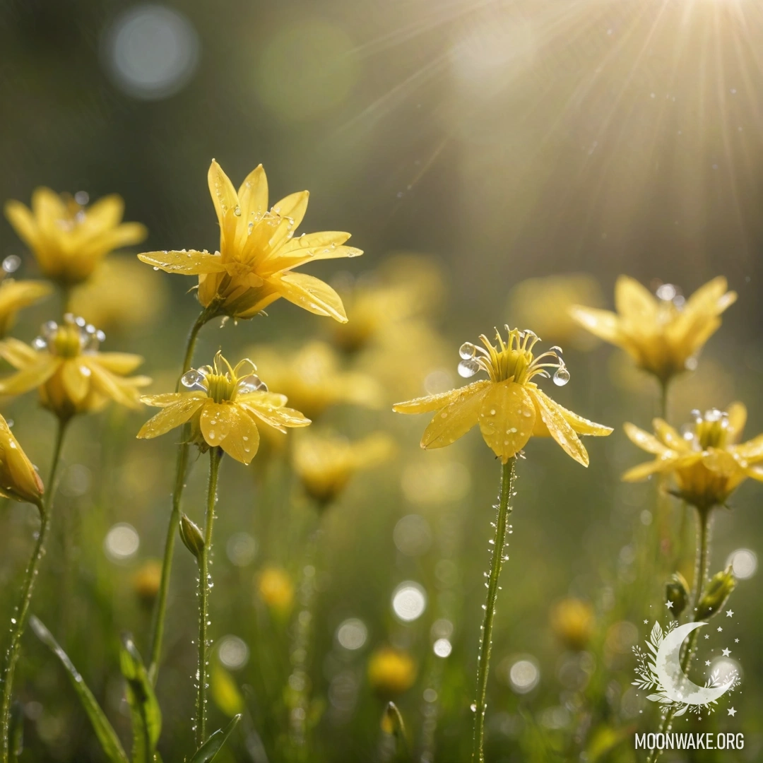 Крупный план нежных желтых полевых цветов с росой, озаренных мягким солнечным светом.