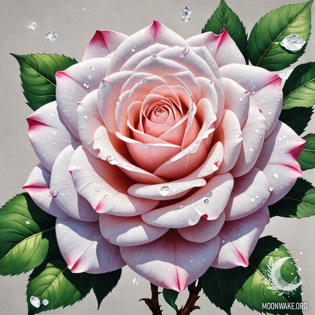 Красивый цветок розы, полностью состоящий из алмазов, сверкающие лепестки, листья и стебель.