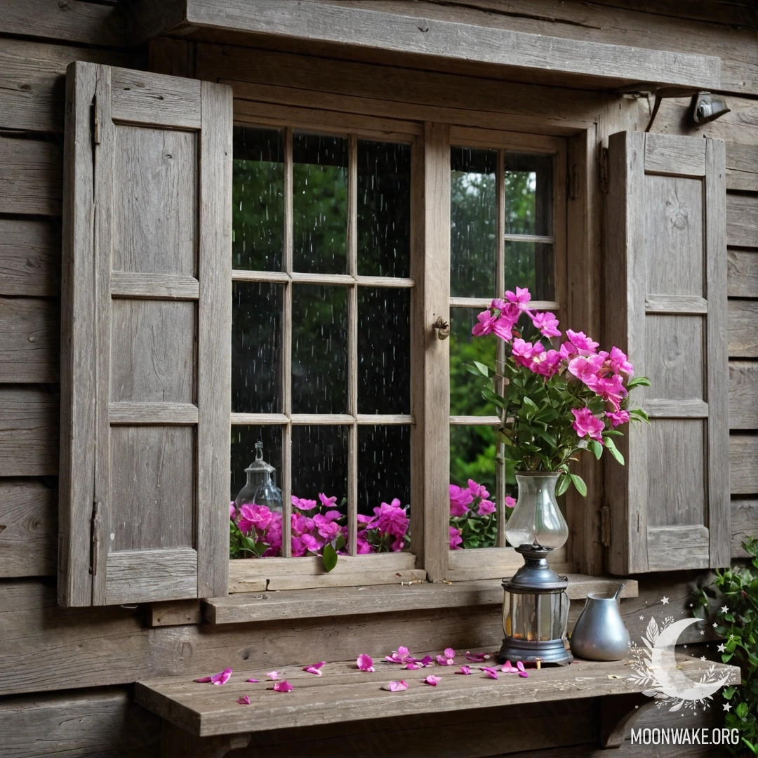 Потрёпанное деревянное окно с розовыми цветами и керосиновой лампой над ним на фоне дождя.