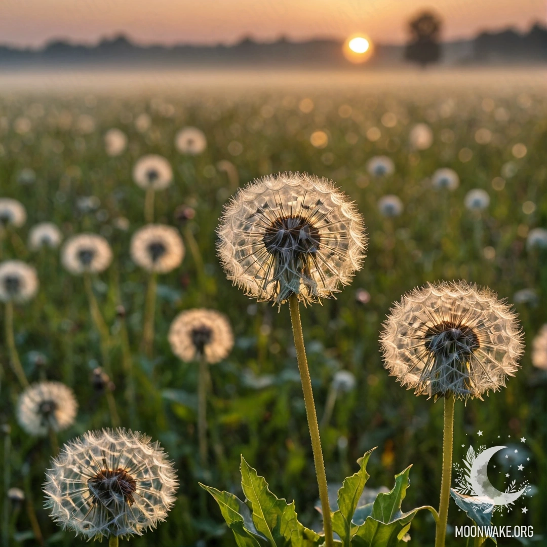 Крупный план одуванчиков на туманном поле с размытым фоном на закате.