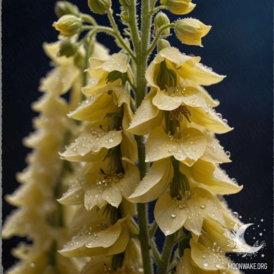 Нежный делфиний с капельками росы, мерцающий ночью среди блесток.