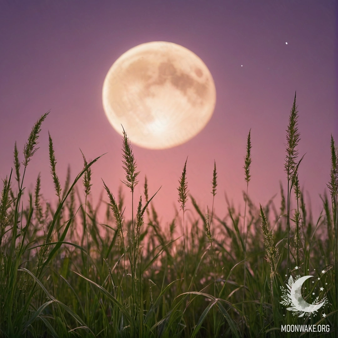 Крупный план травяного поля на фоне розово-фиолетового неба и луны