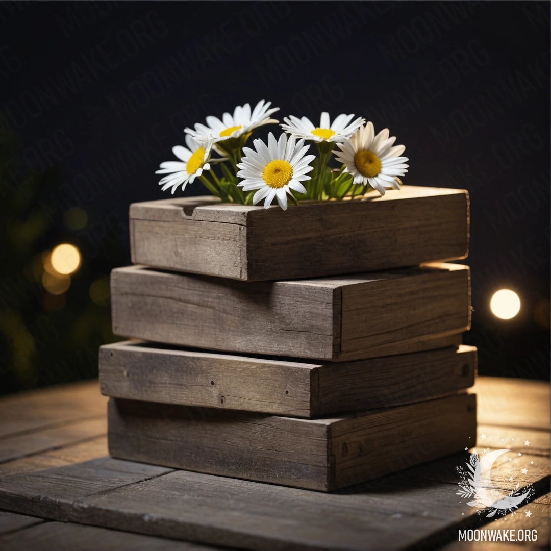 Куча потрёпанных деревянных коробок с ромашками сверху в ночное время.