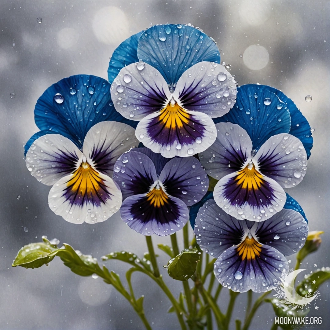 Минималистичная акварельная живопись синих анютиных глазок, украшенных росой и стразами.