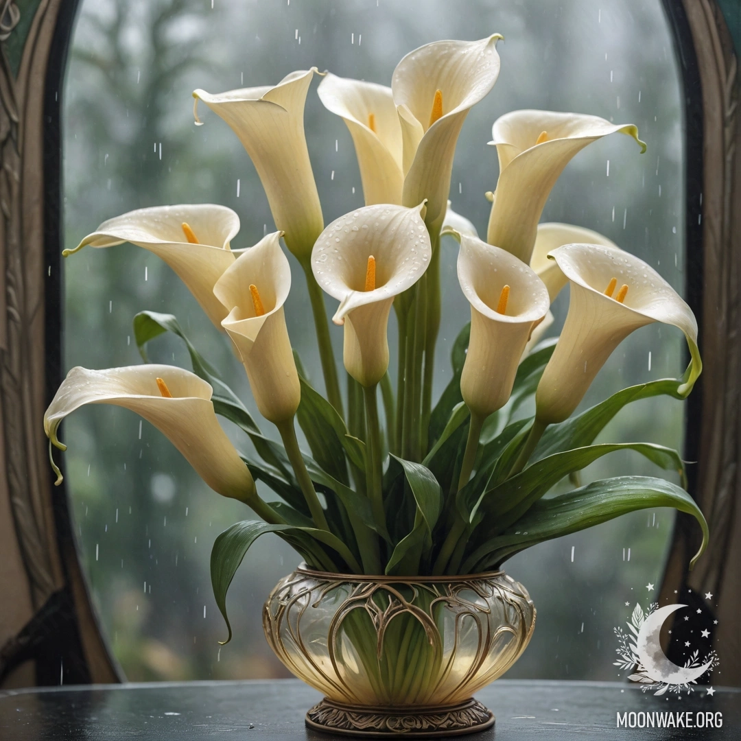 Ваза с кремово-желтыми лилиями, окруженная туманом и дождем.