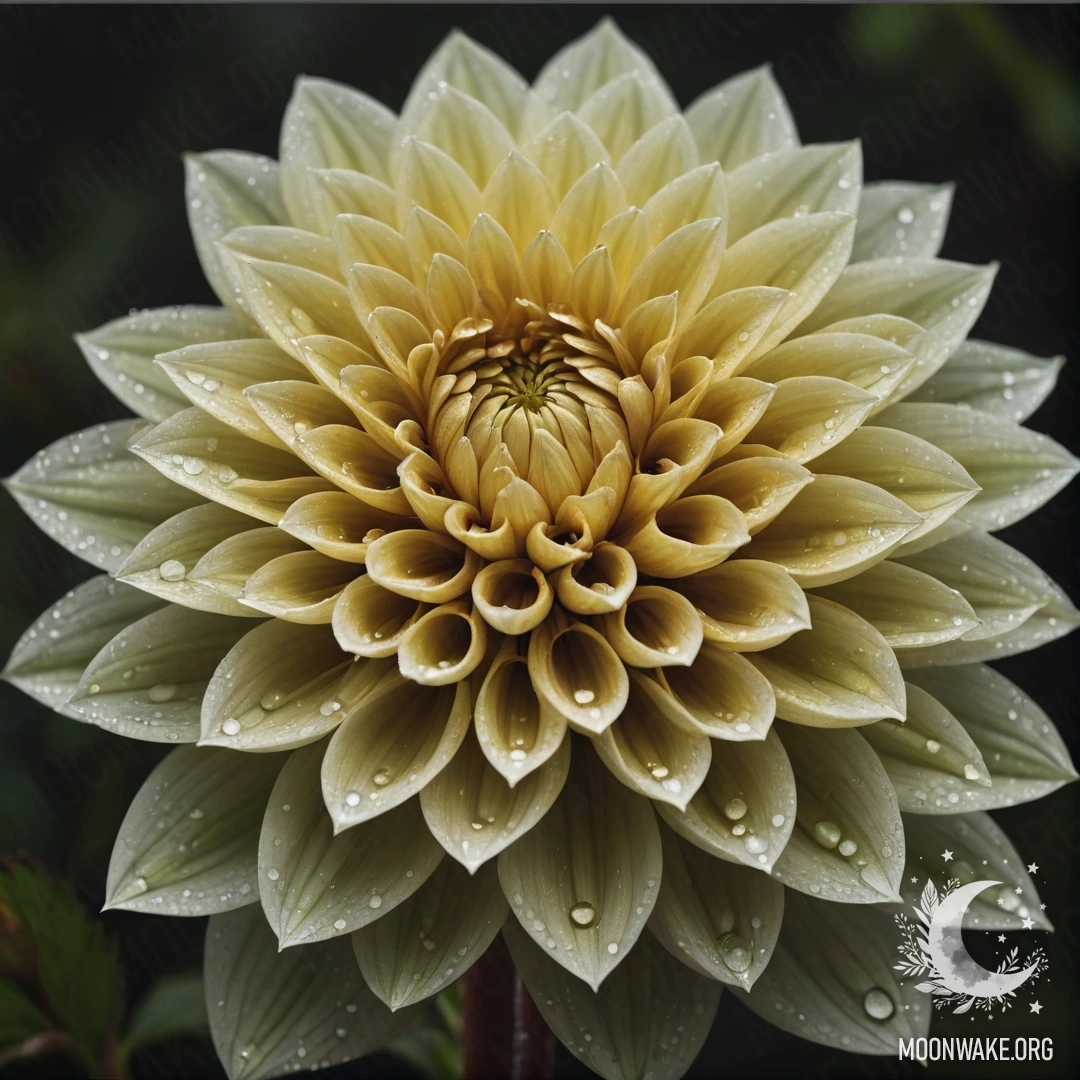 Красивая георгина, украшенная каплями росы на оливковом фоне.