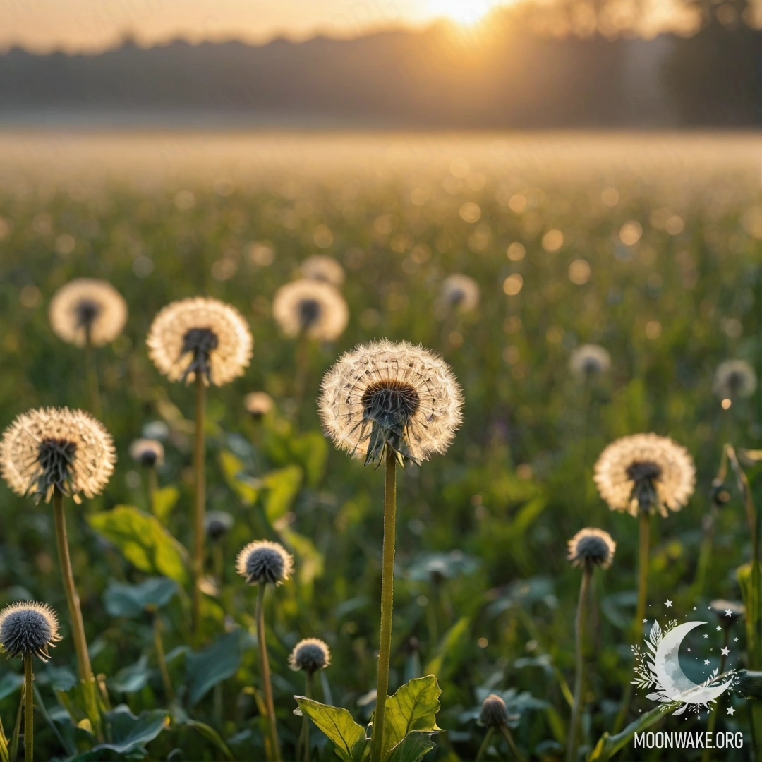 Крупный план одуванчиков на фоне поля с эффектом боке, туманом и лучами закатного света.