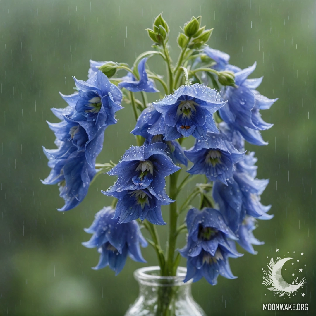 Нежный делфиниум зеленовато-голубого цвета в вазе, окруженный туманом и дождем.